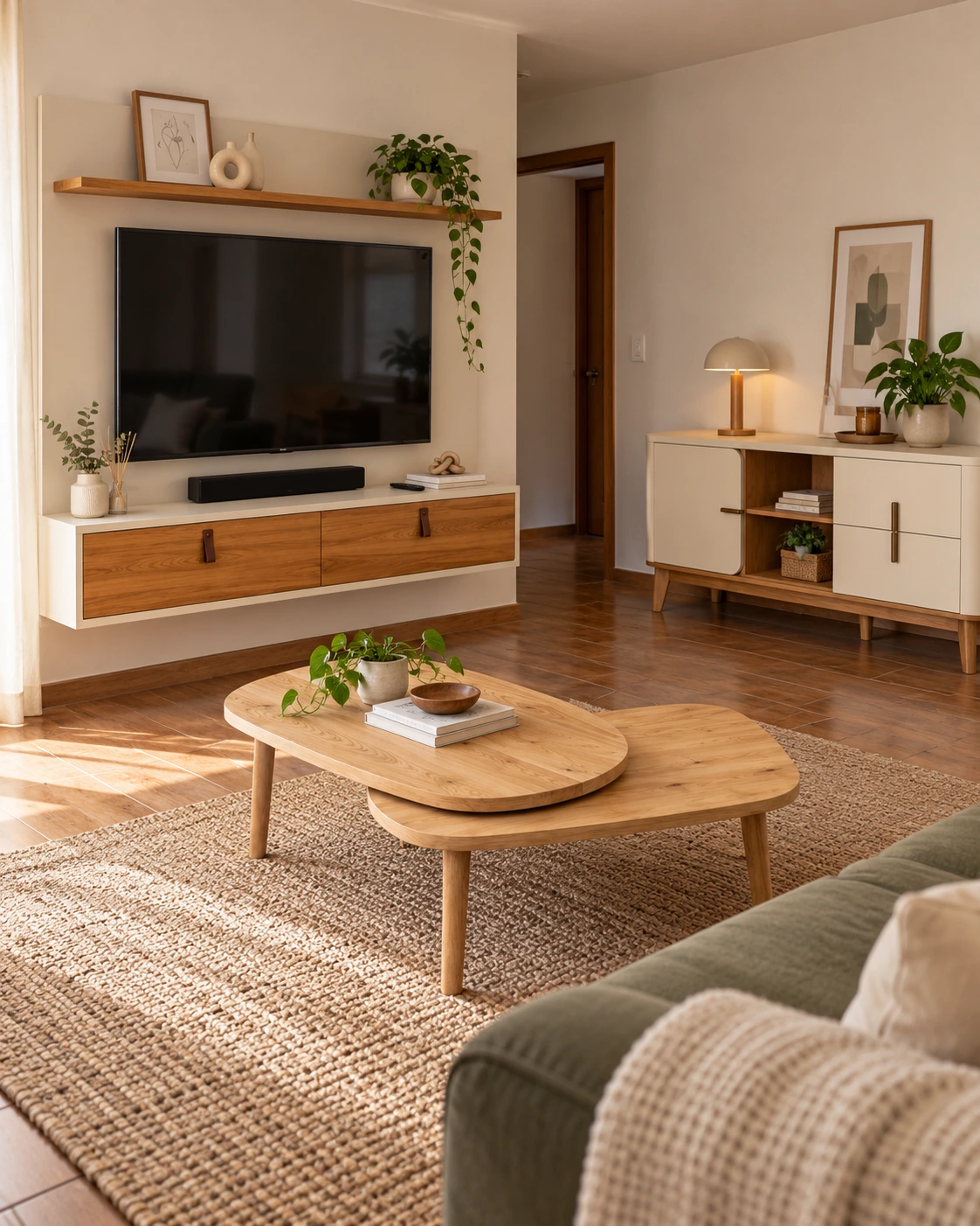 Sala calida con TV y mesas de madera